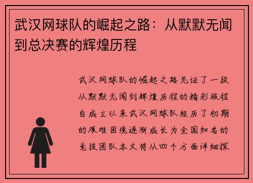 武汉网球队的崛起之路：从默默无闻到总决赛的辉煌历程